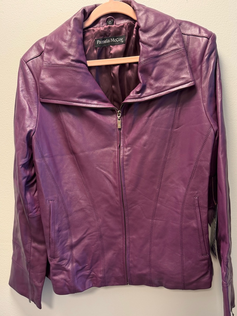 Pamela McCoy purple Leather Zip Up Collar Jacket Side Pockets with Snap NWT 1X